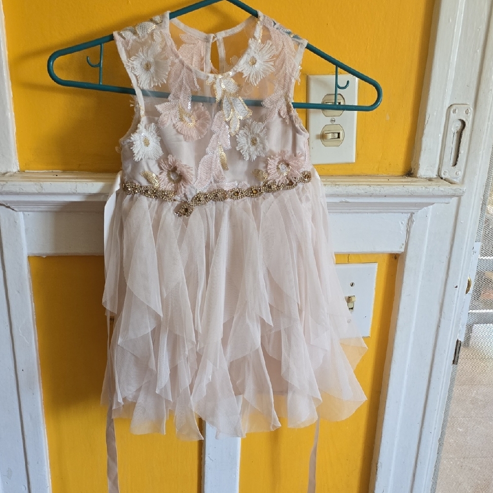 Rare Editions Pink and Gold Embellished Tiered Babydoll Dress